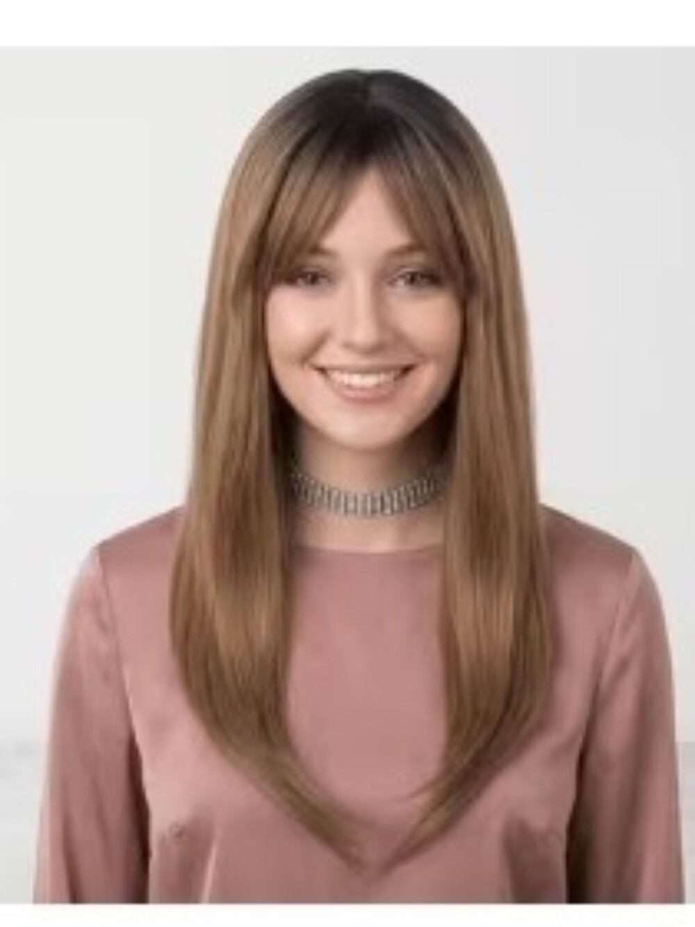 22 Inch STRAIGHT Dark Roots To Brown Synthetic Hair Wig With Bangs. (New In BAG)
